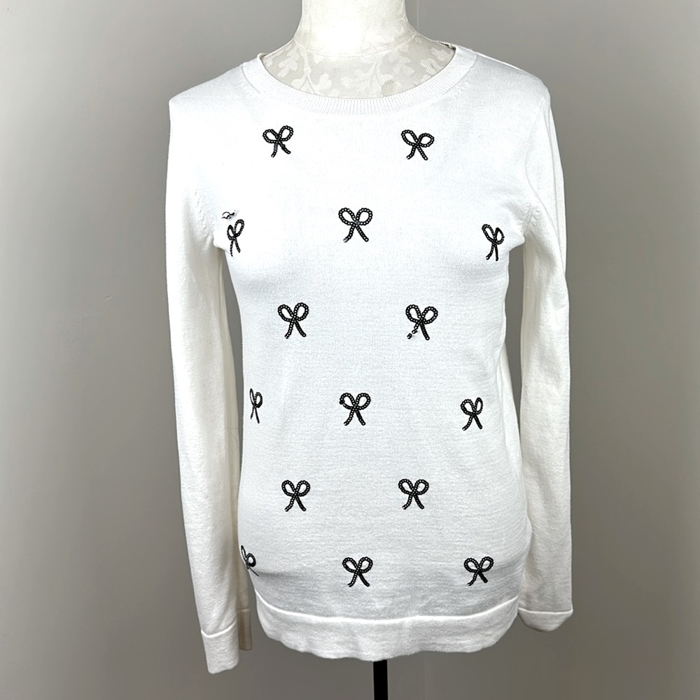 J. Crew Factory black sequin bow winter white Teddie style sweater Size Small
